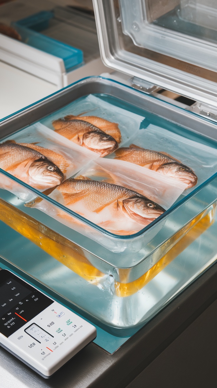 Un plat de poisson préparé sous vide, prêt à être cuit à basse température.