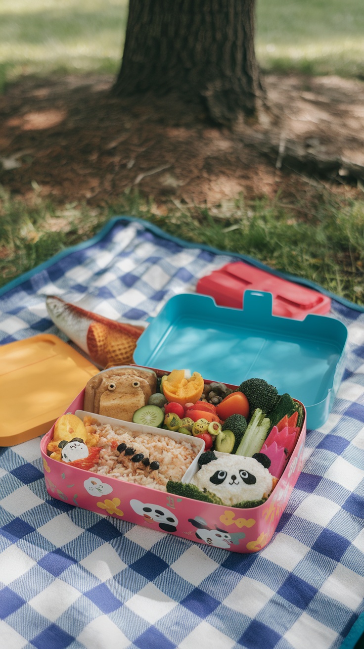 A colorful bento box filled with rice, vegetables, and cute food shapes, placed on a picnic blanket.