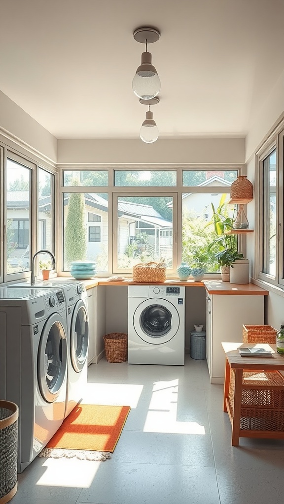 Japanese laundry room with large windows and natural light