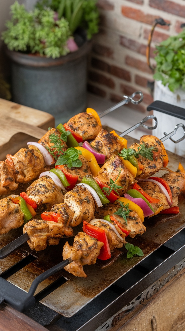 Brochettes de poulet mariné avec des légumes colorés sur une plancha.