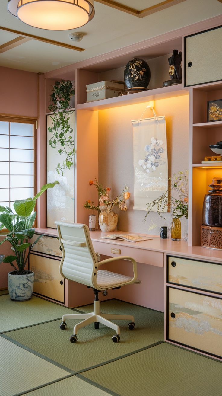 A serene Japanese study room featuring soft pink and green tones, plants, and a minimalist desk.
