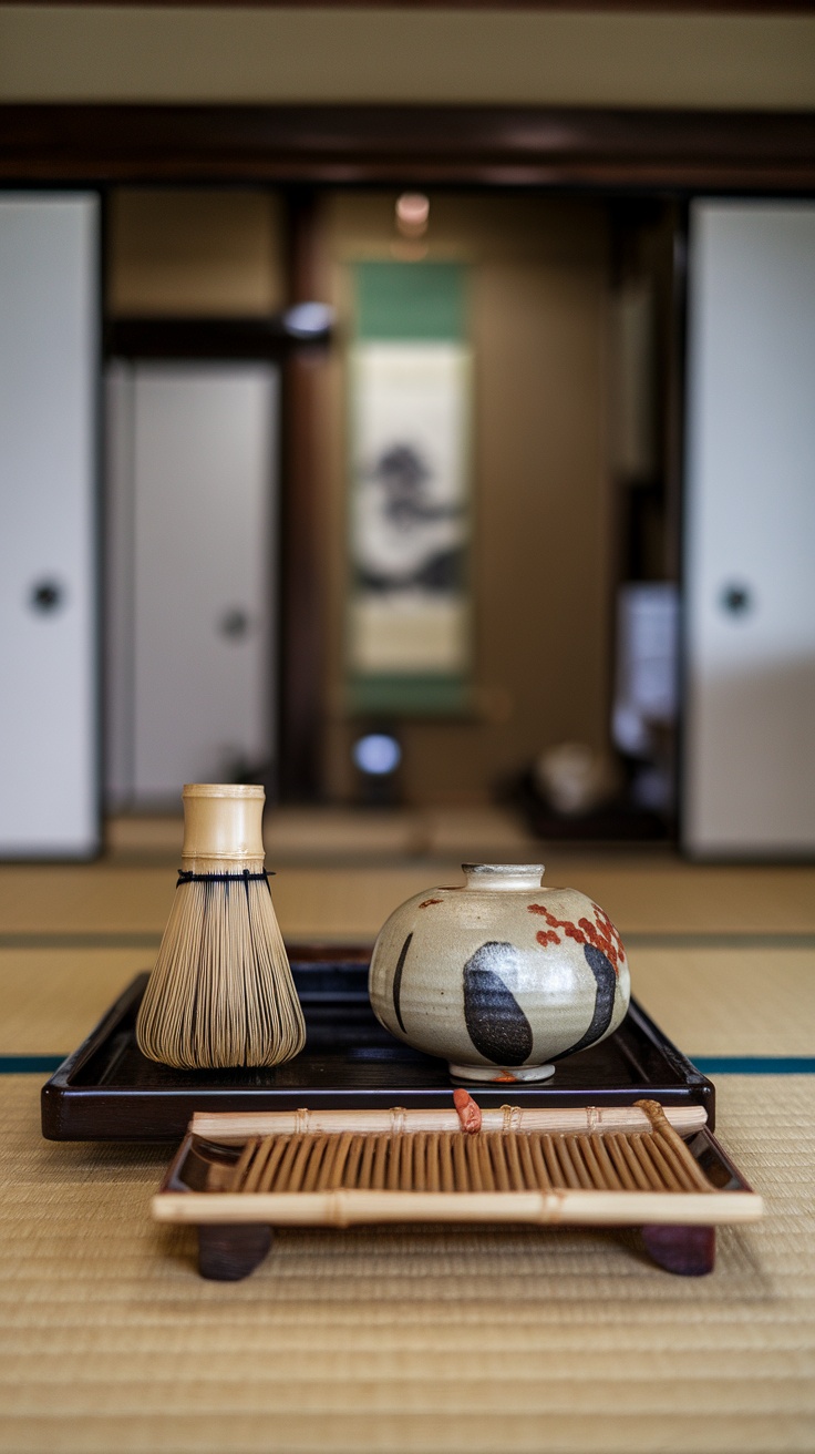 Japanese tea room utensils including a bamboo whisk, tea bowl, and tray