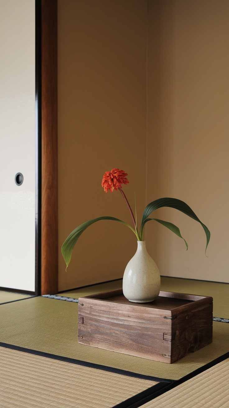 A simple flower arrangement in a Japanese tea room.