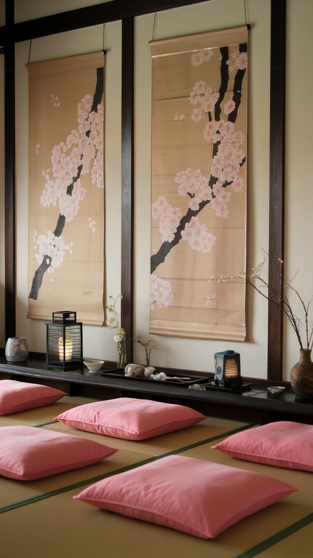 Japanese room with cherry blossom decor and pink cushions