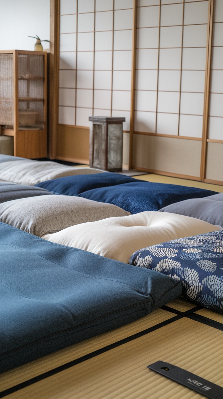 A selection of futons in various colors and textures neatly arranged in a traditional Japanese bedroom.