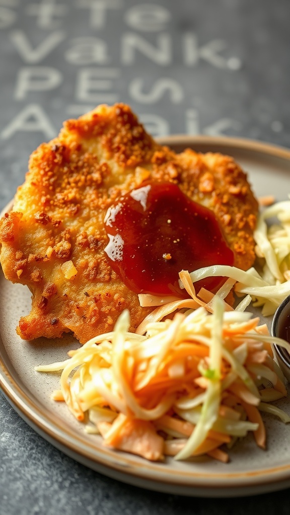 A plate of crispy tonkatsu with cabbage slaw and tonkatsu sauce.