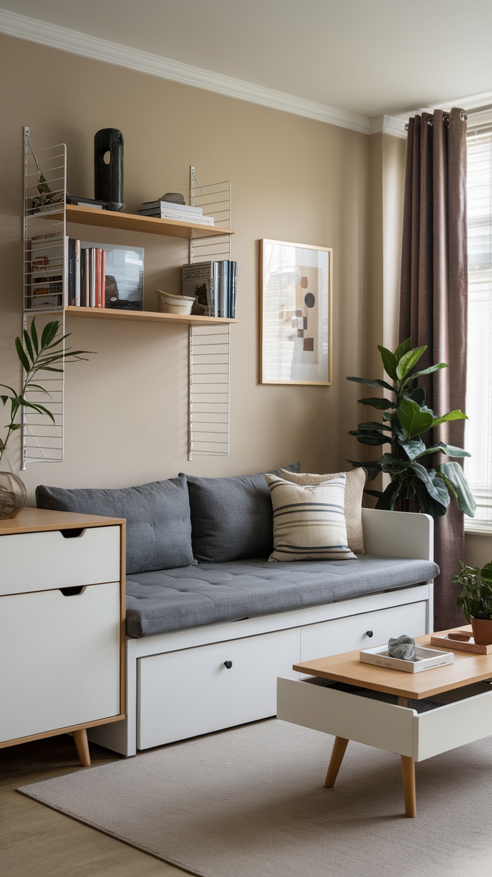 A small living room with a gray couch and wooden furniture featuring storage options.