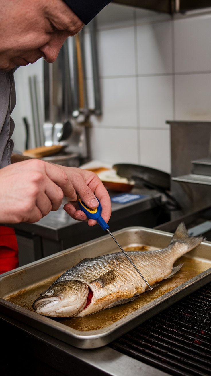 Un chef mesure la température interne d'un poisson dans un plat de cuisson.