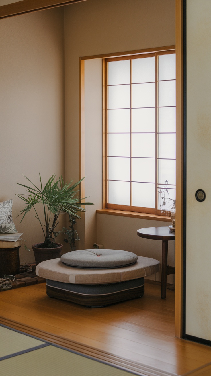 Cozy nook in a Japanese-style living room with circular seating, a small table, and a plant.