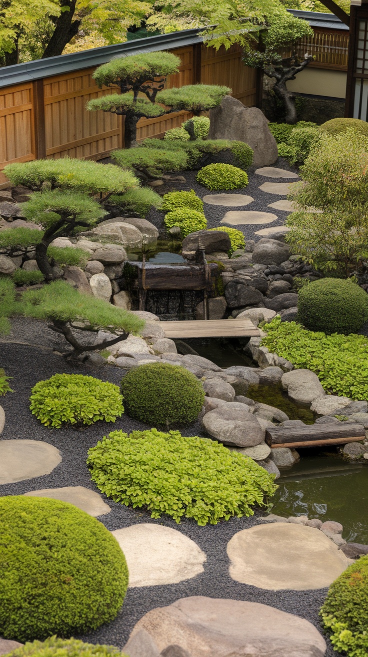 A serene Japanese garden featuring rocks, greenery, and a small stream.
