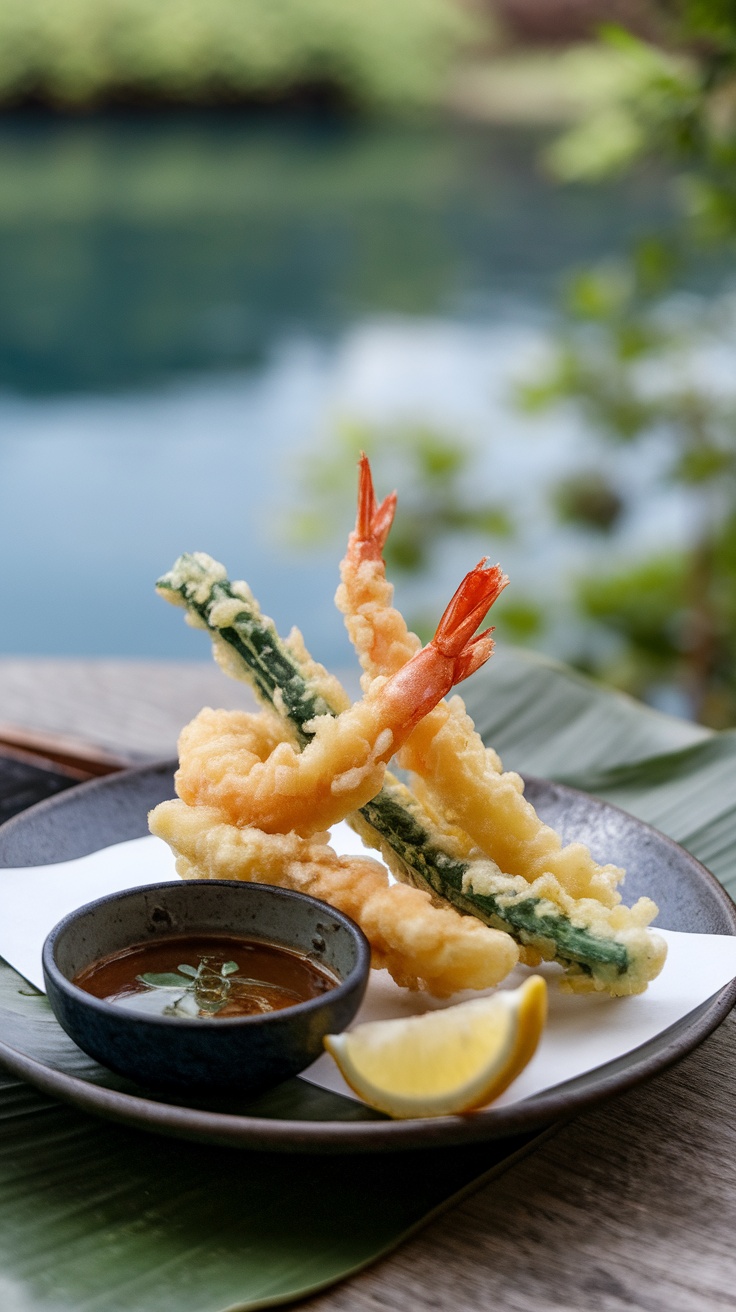 A plate of tempura shrimp and vegetables with dipping sauce and lemon.