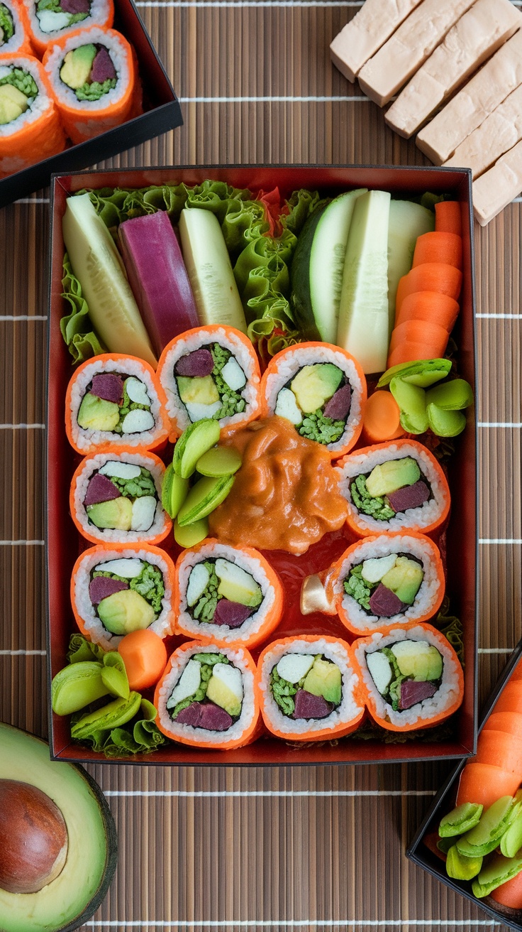 Creative vegetarian bento box with sushi rolls and colorful vegetables.