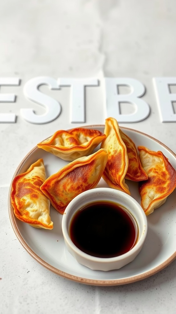 Crispy gyoza dumplings served with a dipping sauce