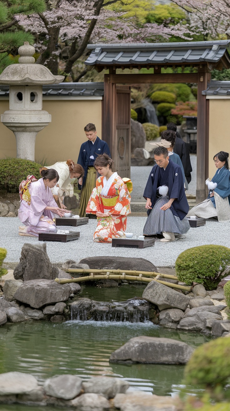 A traditional Japanese garden setting with people in kimonos participating in a tea ceremony