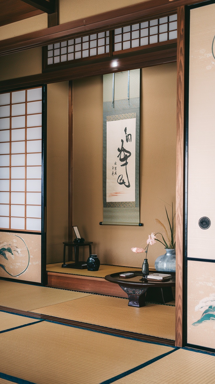 A traditional Japanese tatami room featuring sliding doors, decorative elements, and a serene ambiance.