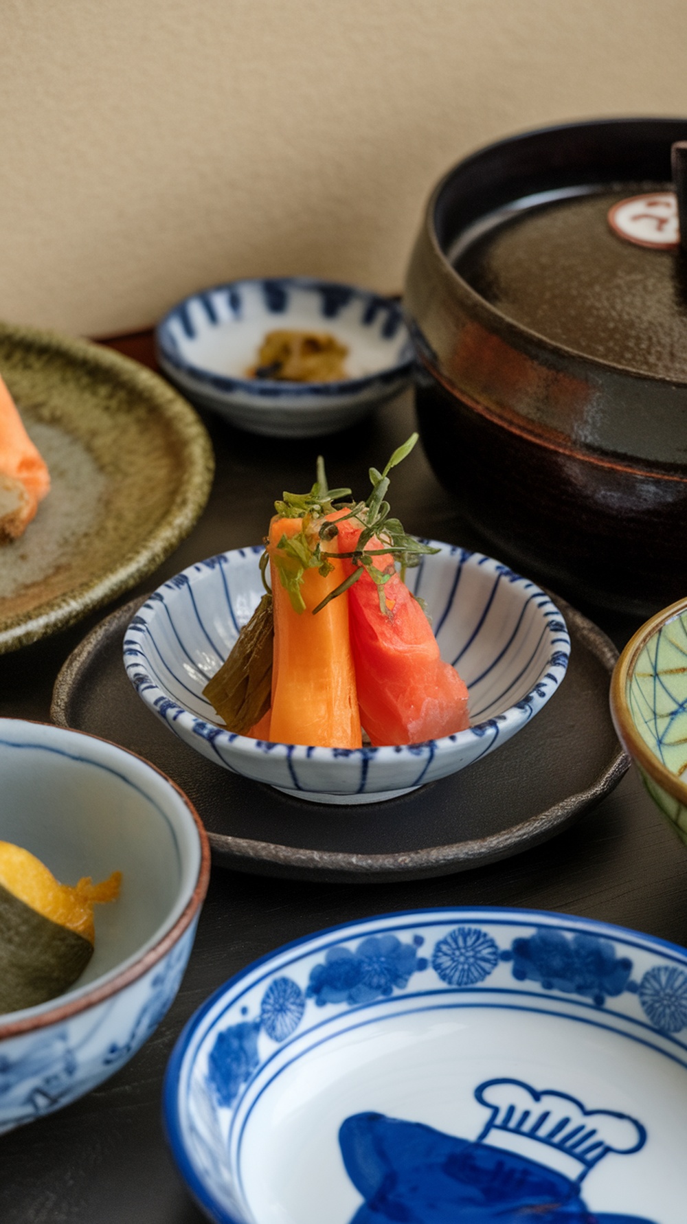 A serving of daikon and carrot tsukemono in a small dish, surrounded by other Japanese food items.