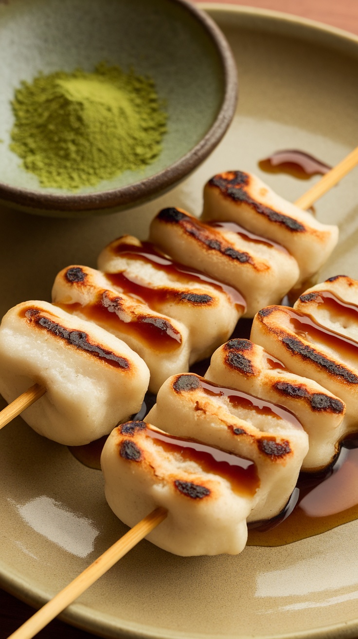 Dango skewers on a plate with sweet soy sauce drizzled on top.