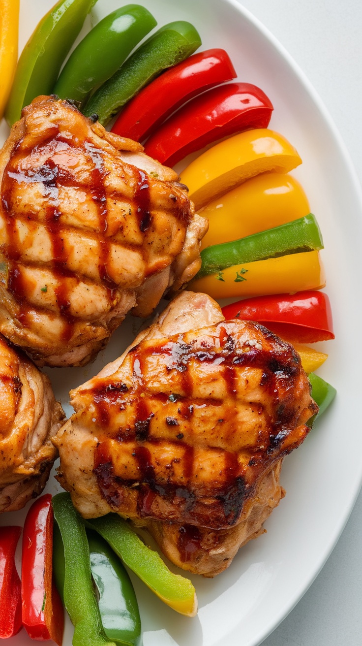 Grilled teriyaki chicken thighs with colorful bell peppers on a plate.
