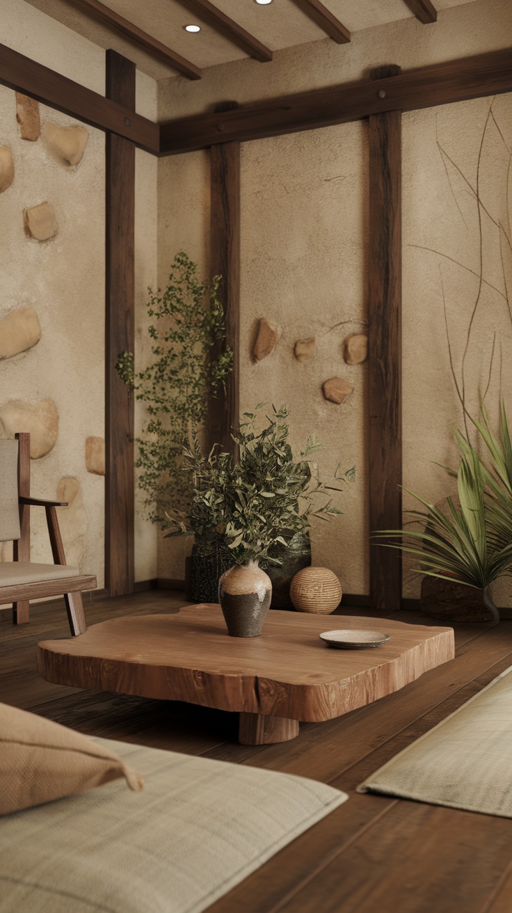 A serene Japanese zen living room featuring wooden elements, a low table, and natural decor.