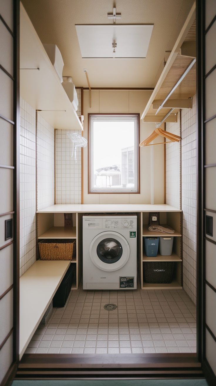 A minimalist Japanese laundry room featuring built-in storage, a washing machine, and organized shelves.