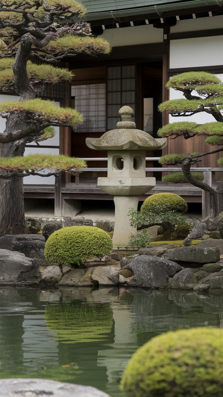 A traditional Japanese garden featuring a stone lantern, pruned trees, round bushes, and a reflective pond.
