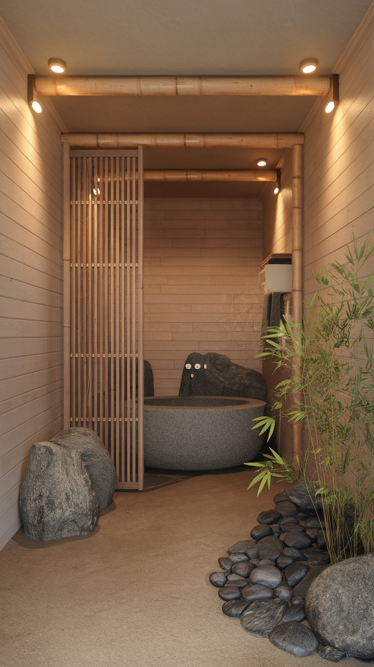 A serene Japanese shower room featuring bamboo accents, natural stones, and a deep soaking tub.