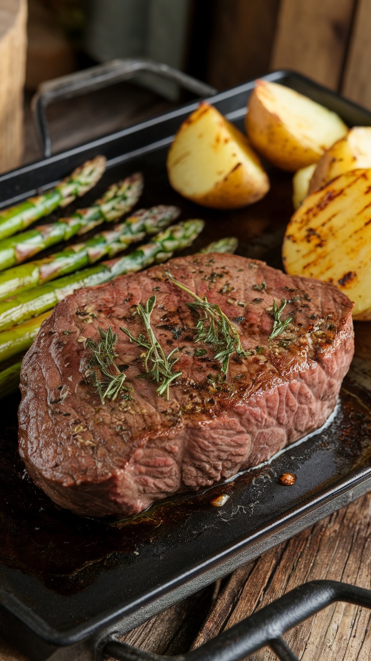 Filet de bœuf grillé avec des herbes de Provence, accompagné d'asperges et de pommes de terre.