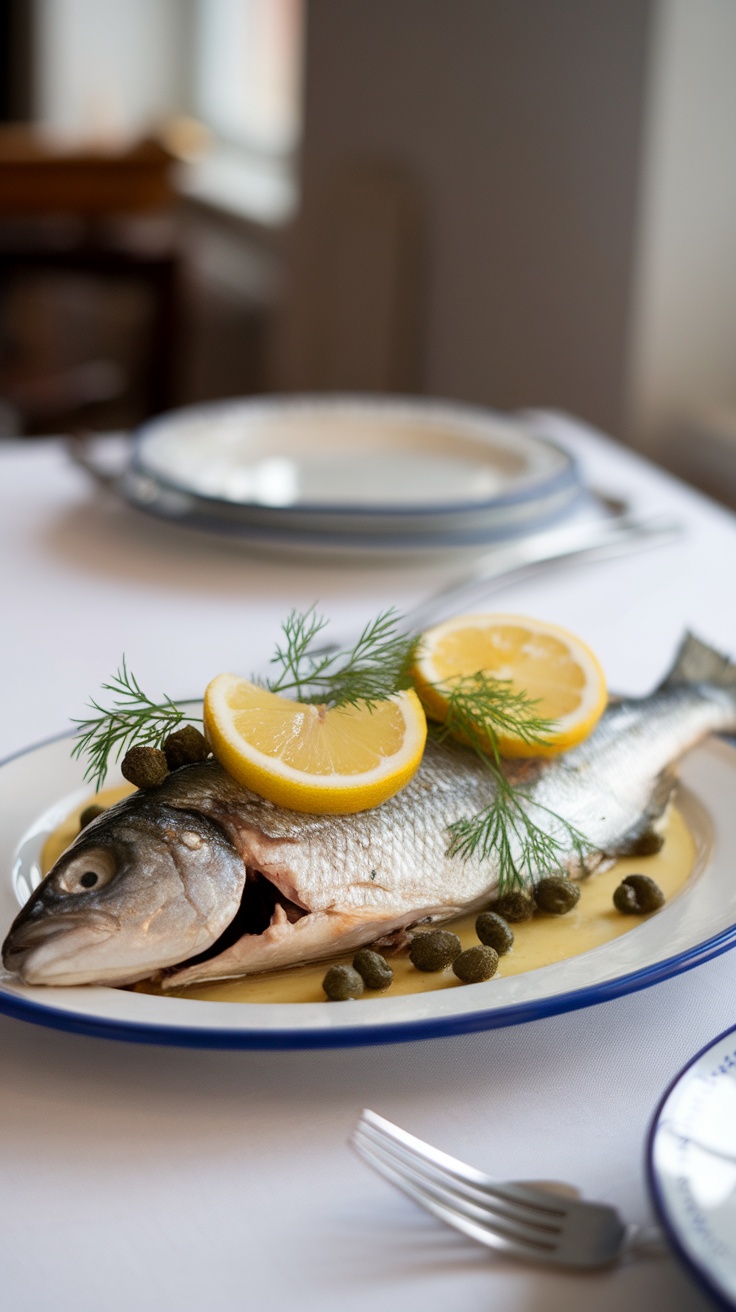 Poisson cuit à basse température, garni de citron et d'aneth, présenté avec câpres.