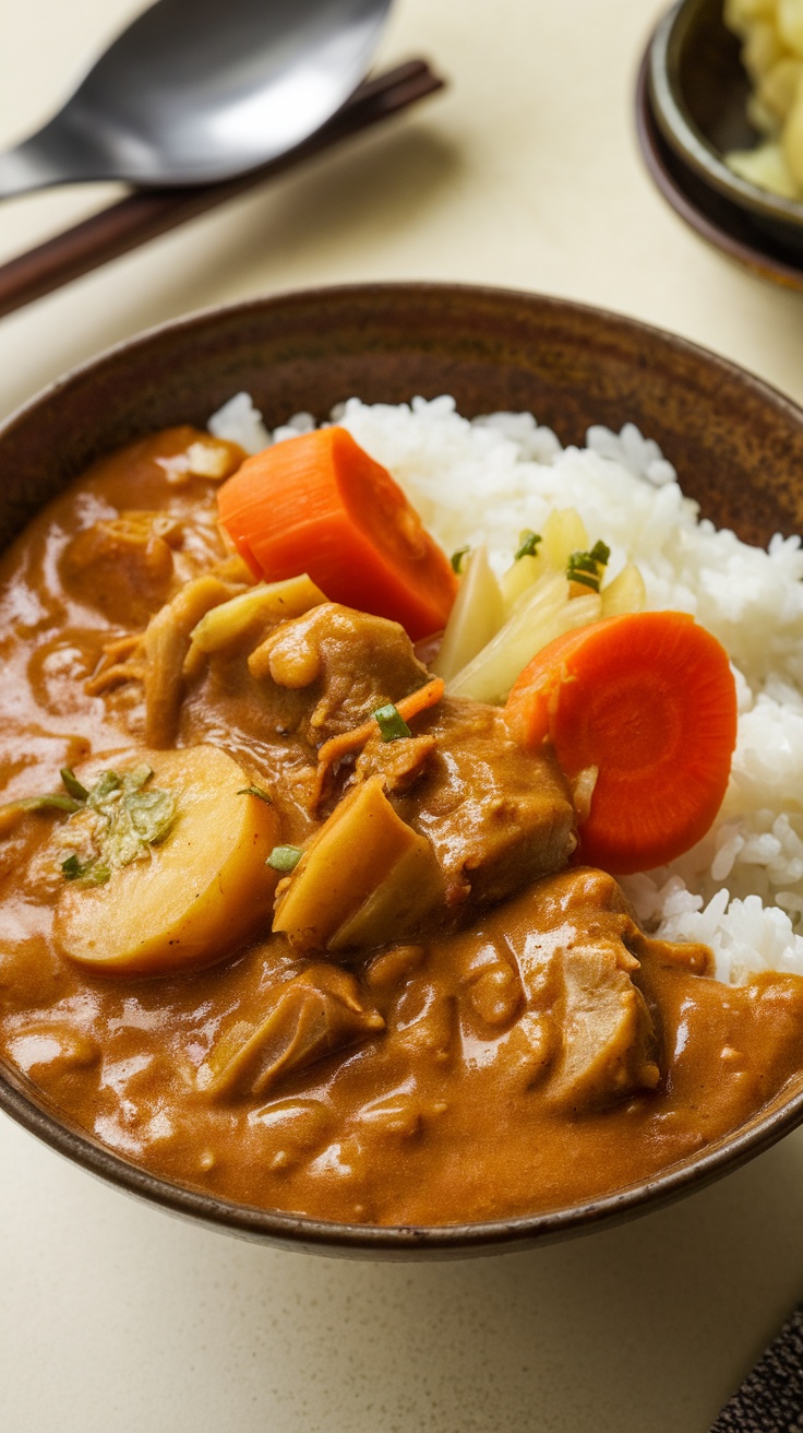 A bowl of Japanese curry rice with carrots, potatoes, and chicken, served with white rice.