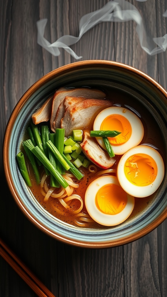 A flavorful ramen noodle bowl topped with soft-boiled eggs, green onions, and sliced pork.