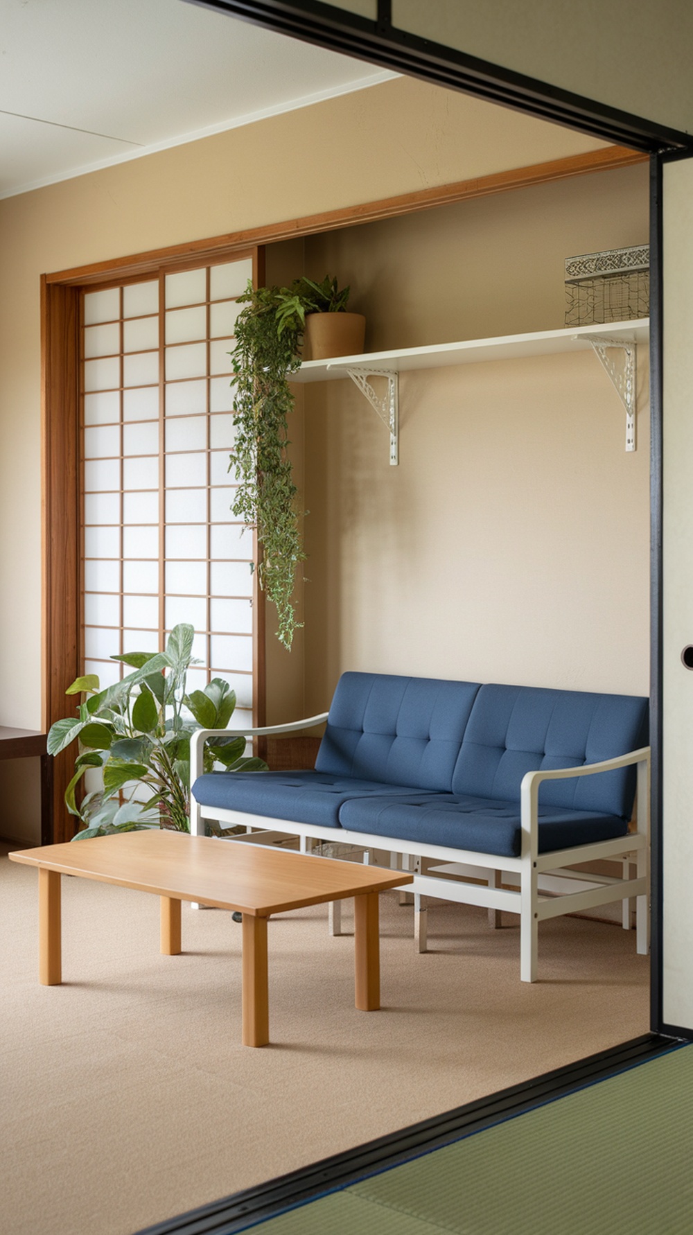 A cozy Japanese living room with a blue folding sofa, wooden table, and plants.