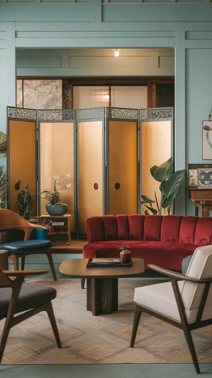 A Japanese-style living room featuring a folding screen that provides privacy, accompanied by colorful furniture and plants.