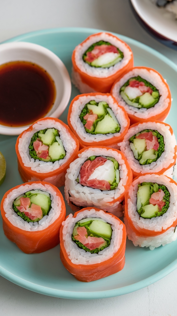 A plate of colorful sushi rolls with a small bowl of dipping sauce on the side.