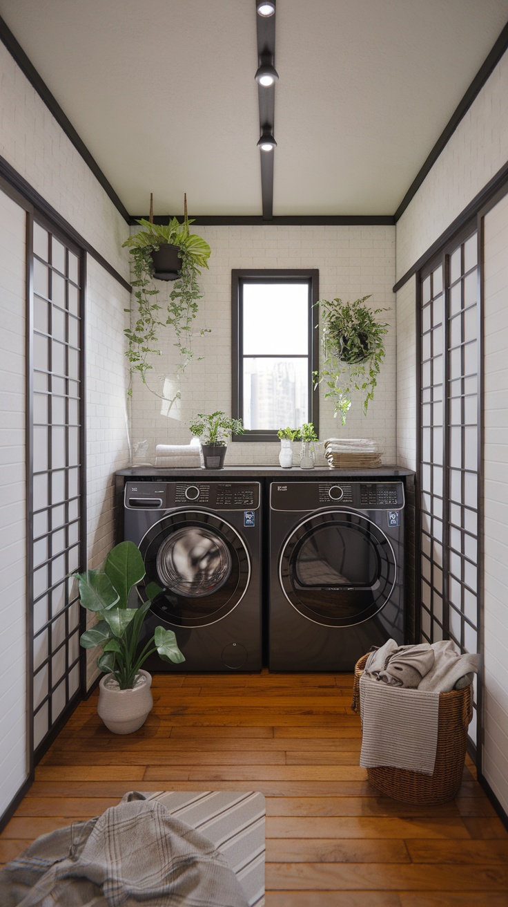 A modern Japanese laundry room featuring sleek appliances, plants, and a warm wooden floor.