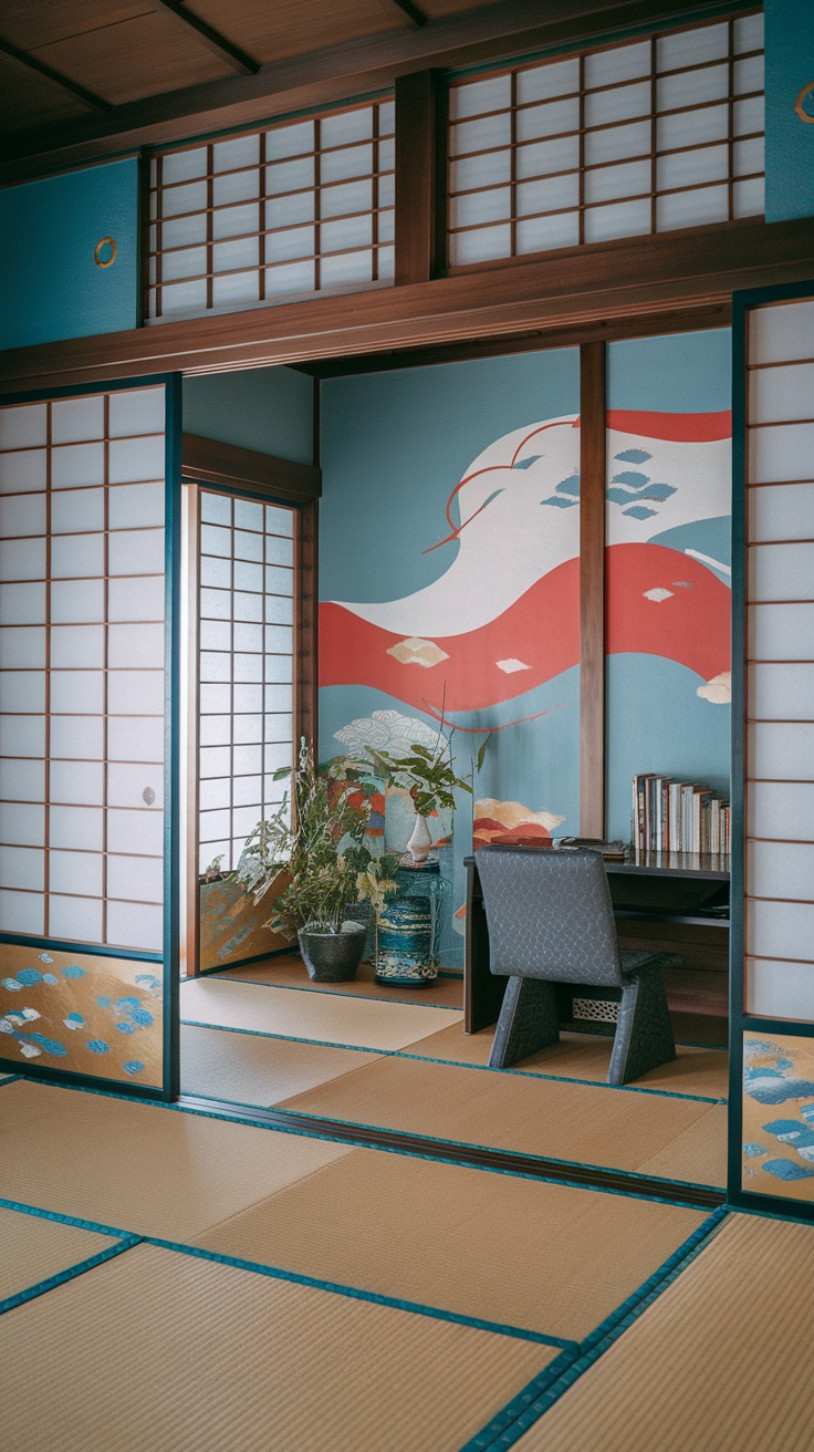 A Japanese study room with colorful fusuma doors, a desk, and plants.