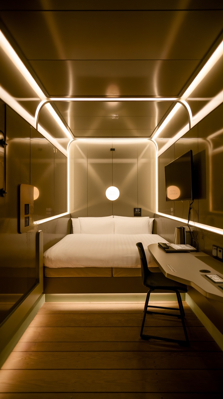 A modern capsule hotel room with ambient lighting, a cozy bed, and a compact workspace.