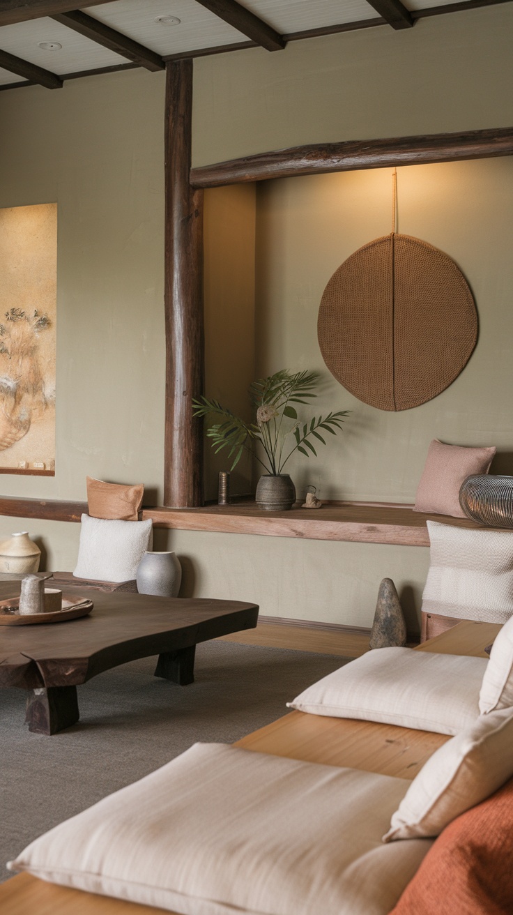 A cozy Japanese-style living room featuring soft earth tones, wooden elements, and natural decorations.