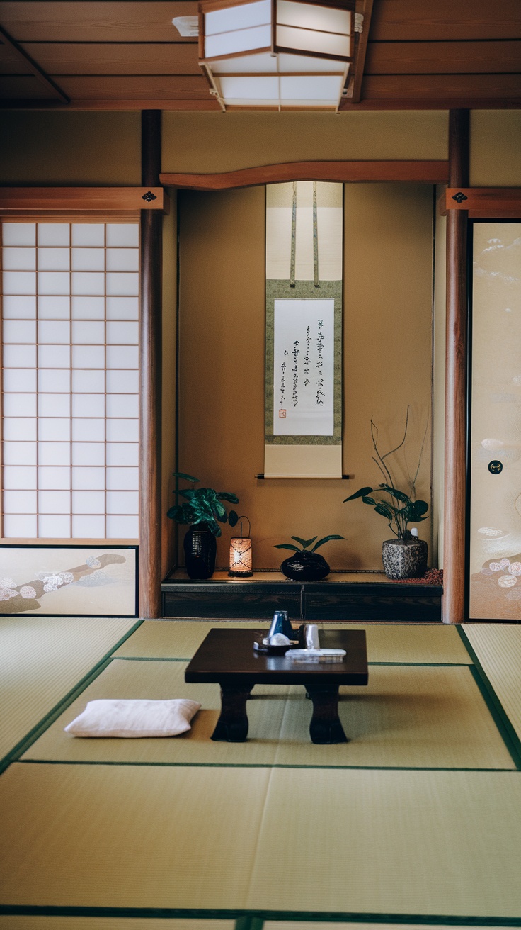 A serene Japanese room featuring soft colors, tatami flooring, and natural elements.