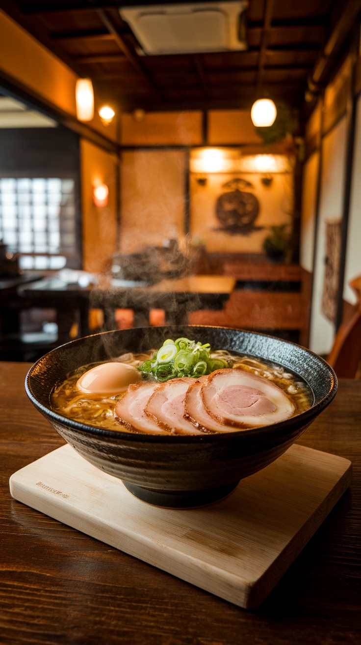 A bowl of hearty ramen with slices of pork and a soft-boiled egg, garnished with green onions.