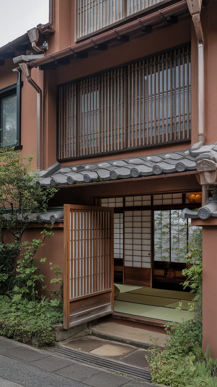Exterior view of a historic Japanese machiya townhouse with wooden doors, traditional roof, and surrounding greenery.