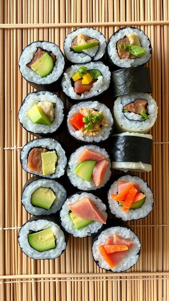 Homemade sushi rolls with various fillings and fresh ingredients.