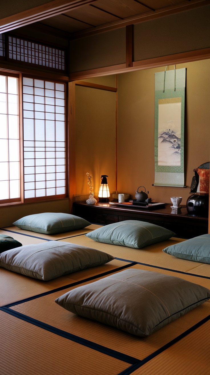 A traditional Japanese tatami room with futons and cushions.