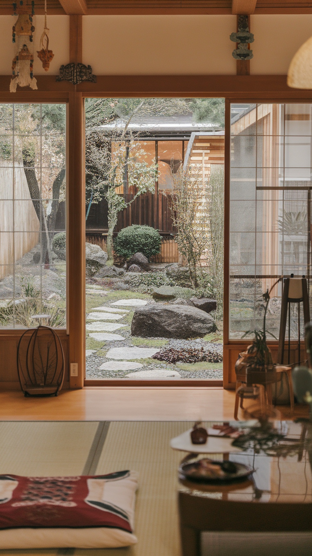 A Japanese living room with large windows showcasing a serene garden view.