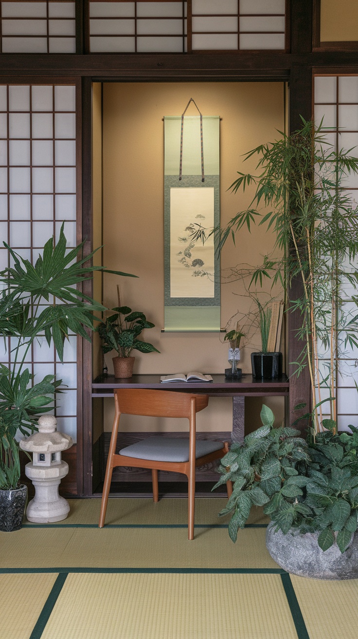 A serene study room with plants, a desk, and a calming wall hanging.