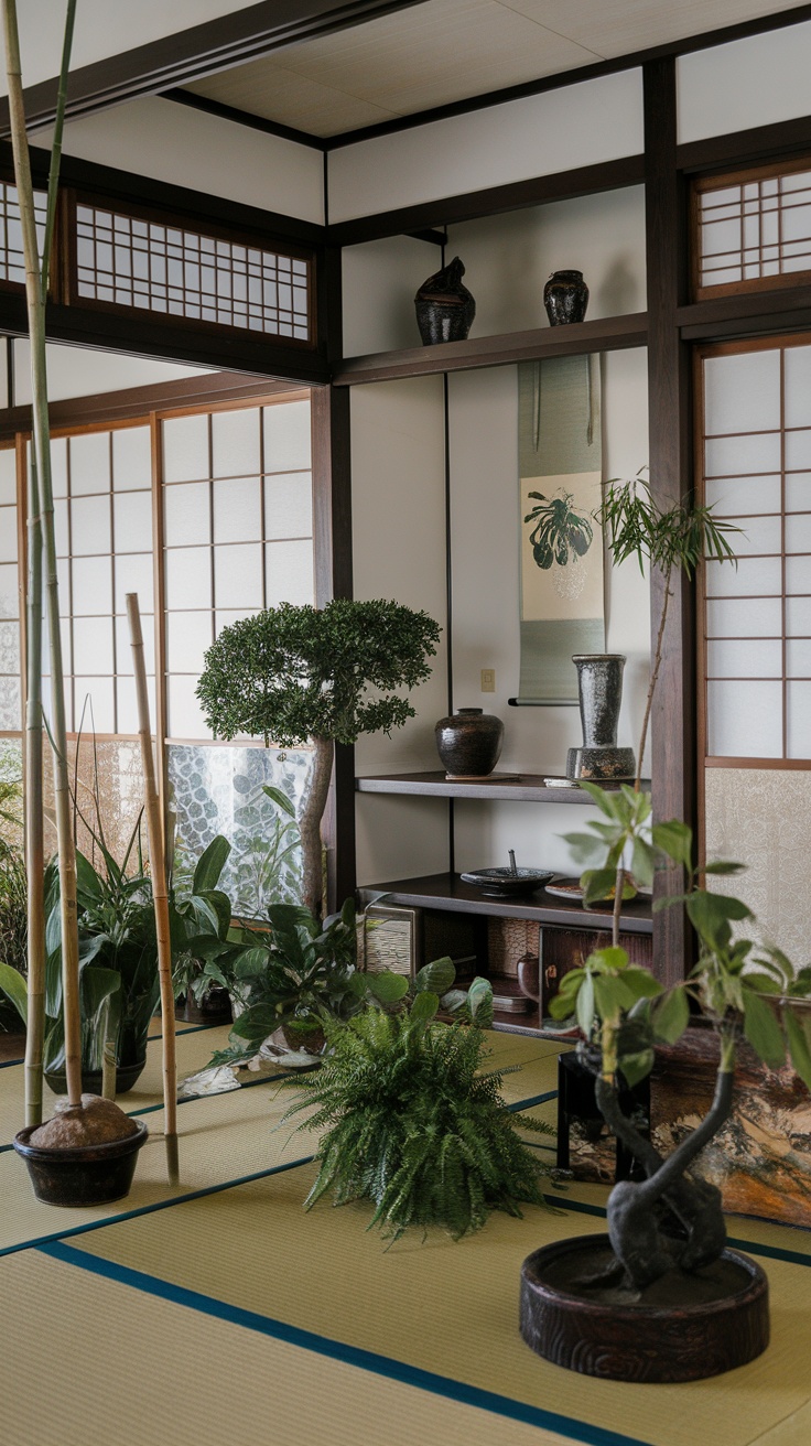 Japanese style living room featuring various indoor plants and bamboo.