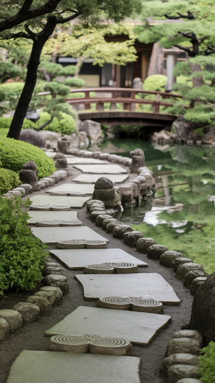 Stone pathway in a Japanese garden with lush greenery and a pond.