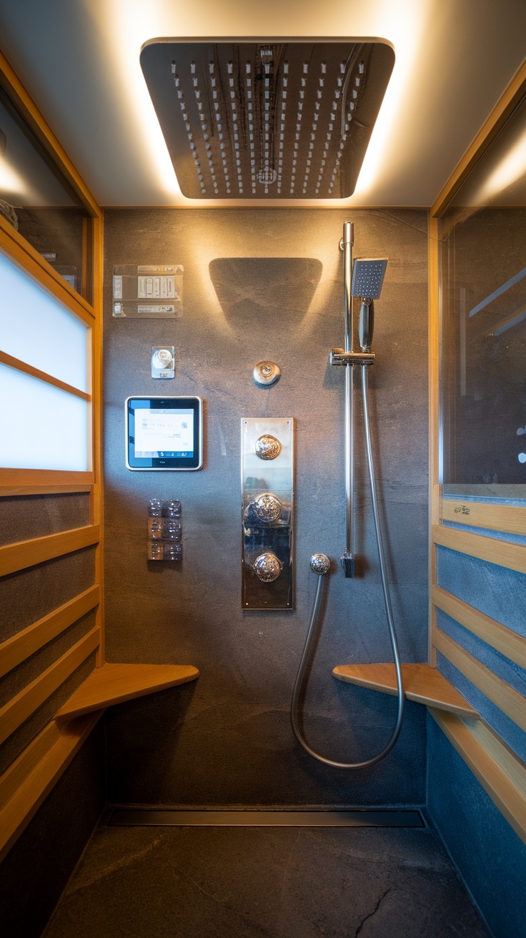 A modern Japanese shower room featuring digital controls and stylish design.