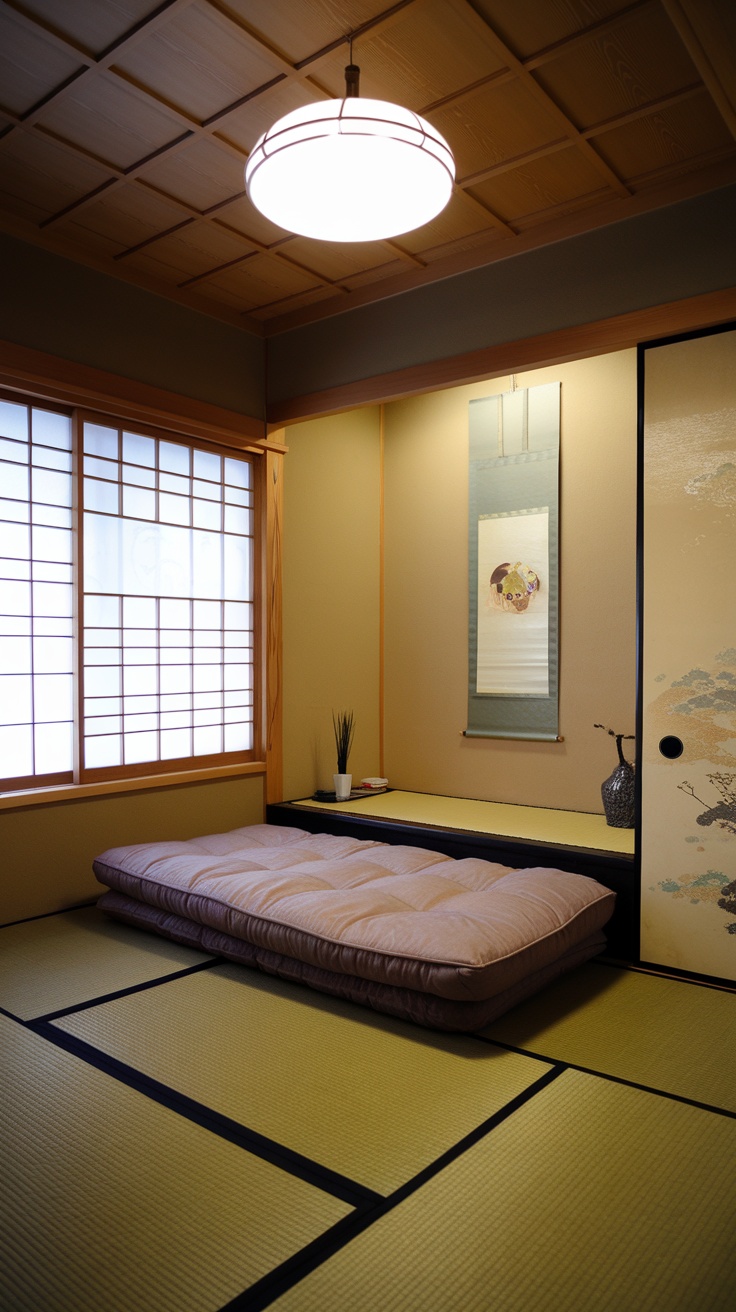 A traditional Japanese bedroom featuring a futon on tatami mats with wooden decor and soft lighting.