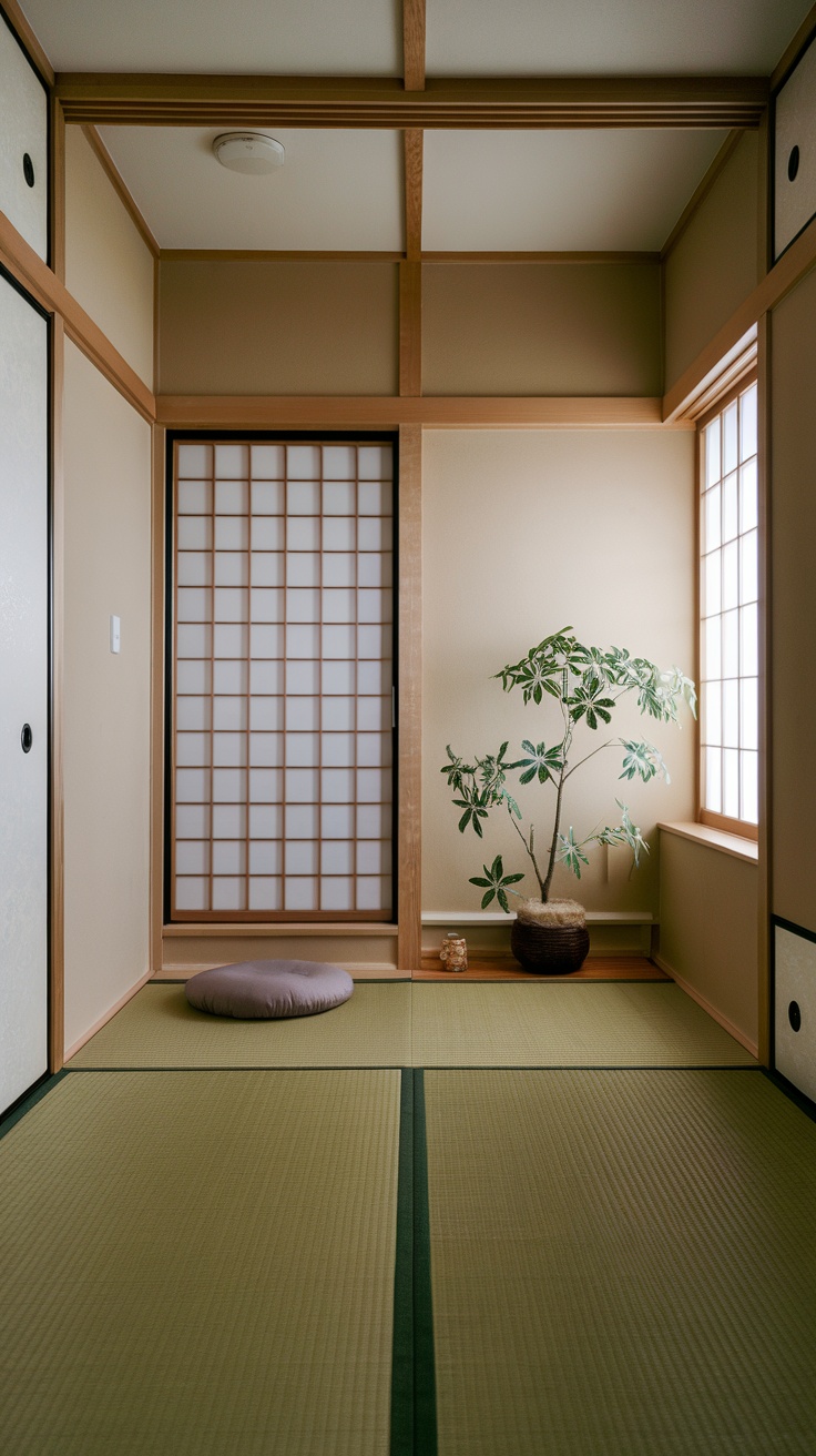 A minimalist Japanese bedroom featuring tatami mats, shoji screens, and a potted plant.