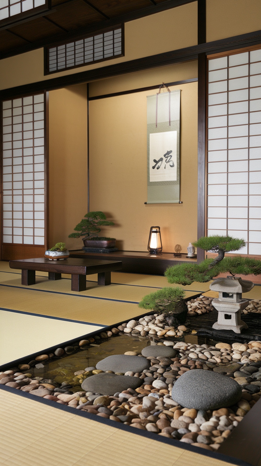 A tranquil Zen garden with rocks, plants, and a lantern, set in a serene living room.